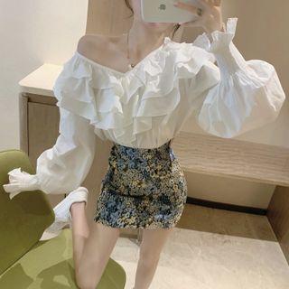 Long-sleeve V-neck Ruffled Blouse / Floral Print Mini Pencil Skirt