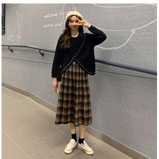 Plaid Midi A-line Skirt / Irregular Sweater