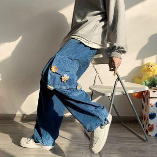 Bear Accent Corduroy Straight Leg Pants