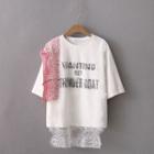 Lettering Short-sleeve T-shirt With Lace Overlay