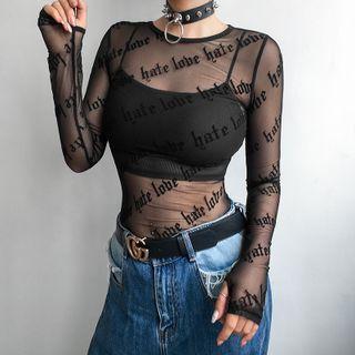 Long-sleeve Round Neck Lettering Mesh Top