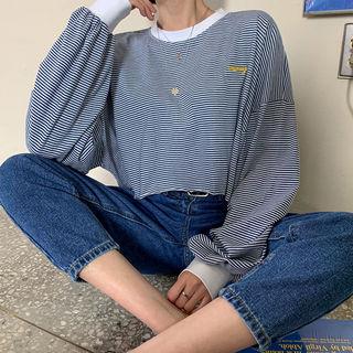 Balloon-sleeve Stripe Cropped Top
