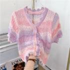 Short-sleeve Striped Knit Top Striped - Purple & Pink - One Size