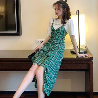 Plaid Spaghetti-strap Ruffle Dress