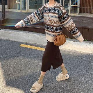 Set: Patterned Sweater + Straight-fit Midi Skirt Sweater & Skirt - As Shown In Figure - One Size