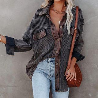 Long-sleeve Striped Plain Knit Shirt Jacket