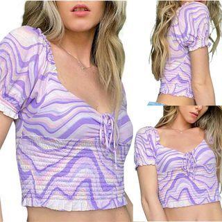 Short Sleeve Tie-front Pattern-print Ruched Crop Top