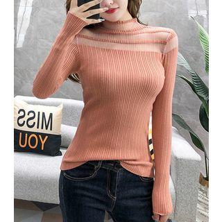 Long-sleeve Mock Neck Mesh Paneled Knit Top