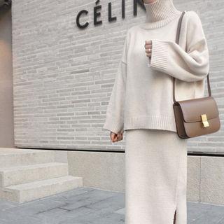 Set: Tuttle-neck Knit Top + Slit-side Knit Skirt