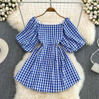 Puff Sleeve Plaid Open Back Dress