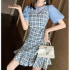 Set: Plain Short-sleeve Top + Plaid Spaghetti-strap Dress