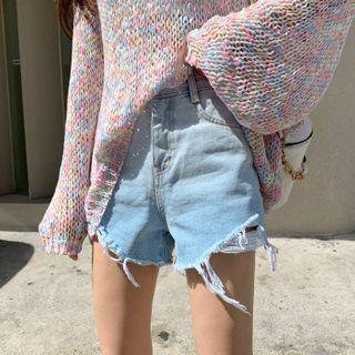 Fringed Gradation-washed Denim Shorts