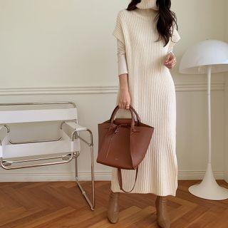 Cap-sleeve Turtle-neck Ribbed-knit Maxi Dress With Sash