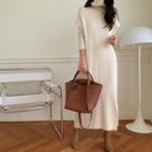 Cap-sleeve Turtle-neck Ribbed-knit Maxi Dress With Sash