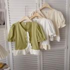 Short-sleeve Ruffled-trim V-neck Blouse