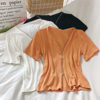 Plain Double-headed Zipper Short-sleeve Top