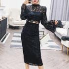 Set: Lace Cropped Long-sleeve Top + Lace Midi Skirt