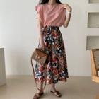 Cap-sleeve T-shirt / Floral Print A-line Skirt
