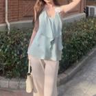 V-neck Plain Camisole Top / Wide-leg Pants