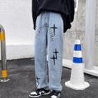 Cross Embroidery Straight Leg Jeans