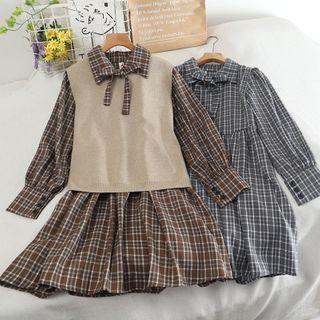 Set: Long-sleeve Midi A-line Plaid Dress + Knit Vest