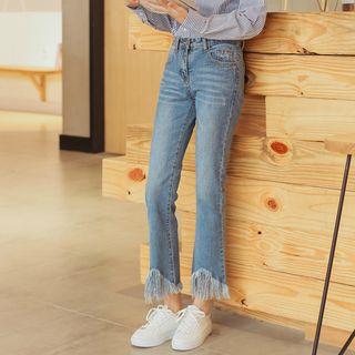 Washed Fringe-trim Slim-fit Jeans