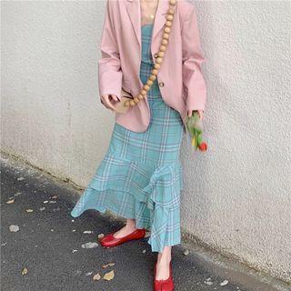 Plain Loose-fit Blazer / Plaid Sleeveless Dress