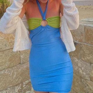 Color-panel Halter Mini Dress