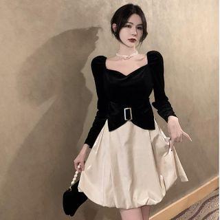 Long-sleeve Velvet Bow Mini Balloon Dress