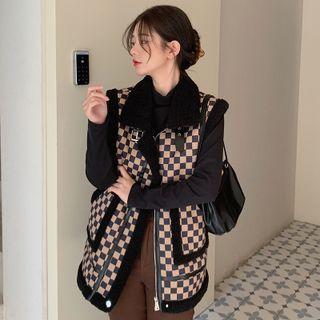 Checkered Faux Shearling Button-up Vest