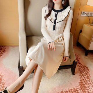 Ruffled Contrast Trim Knit Midi A-line Dress