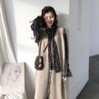 Tie-neck Long-sleeve Chiffon Mesh Overlay Midi A-line Dress / Long Plain Vest