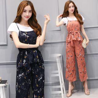 Set Of 3: Short-sleeve T-shirt + Printed Camisole Top + Wide-leg Pants
