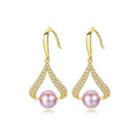 Sterling Silver Plated Gold Dazzling Creative Geometric Purple Freshwater Pearl Earrings With Cubic Zirconia Golden - One Size