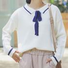 Collared Bow Detail Long-sleeve Knit Top
