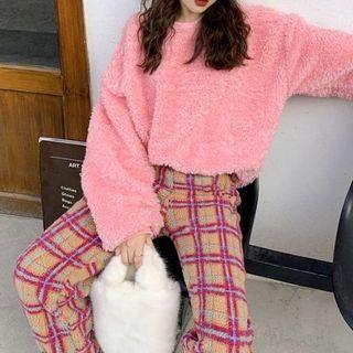 Faux-shearling Pullover / Plaid Harem Pants