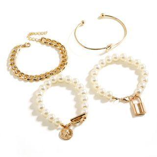 Set Of 4: Alloy Faux Pearl Bracelet Set - Silver - One Size