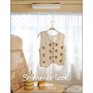 Floral Embroidered Knit Vest Beige - One Size
