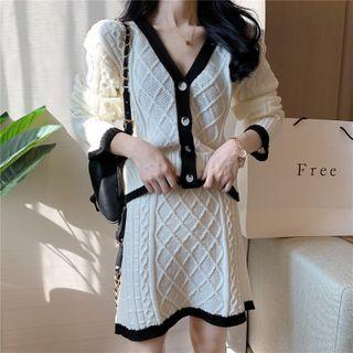 Contrast Trim Cardigan / Mini A-line Knit Skirt