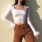 Long-sleeve Faux Fur Trim Cropped Top