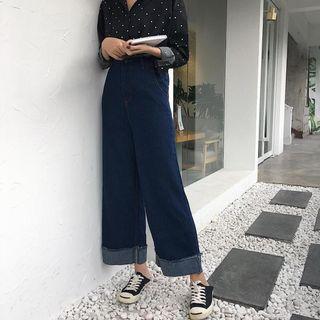 Plain Fringed Loose-fit Wide-leg Jeans