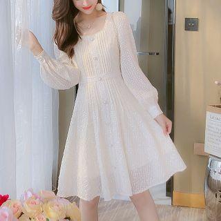 Pintuck Long-sleeve Midi A-line Lace Dress