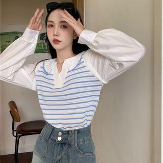 Mock Two-piece Polo-neck Striped Panel Shirt