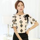 Bow Accent Patterned Short Sleeve Chiffon Top