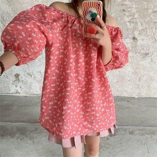 Balloon-sleeve Off-shoulder Floral Print Blouse Pink - One Size