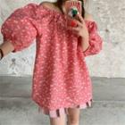 Balloon-sleeve Off-shoulder Floral Print Blouse Pink - One Size