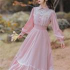 Long-sleeve Collar Lace Panel Midi A-line Dress