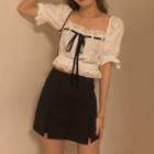 Lace Trim Puff-sleeve Cropped Blouse / Mini A-line Skort