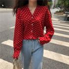 Loose-fit V-neck Dotted Print Blouse Red - One Size
