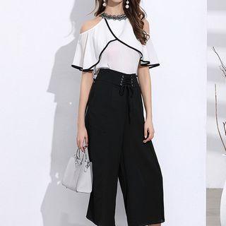 Set: Cut Out Shoulder Elbow Sleeve Top + Plain Wide Leg Pants